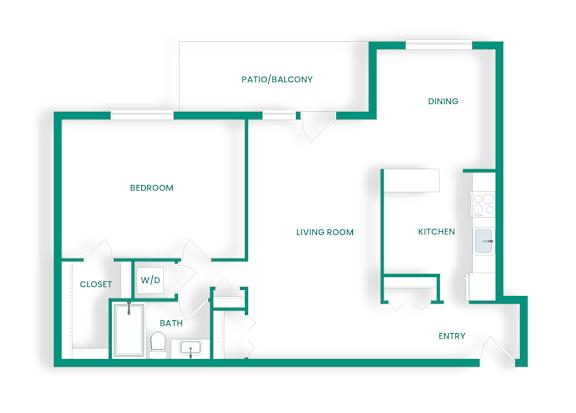 A floor plan of a house with a patio/balcony, dining area, living room, kitchen, bedroom, bath, and closet.