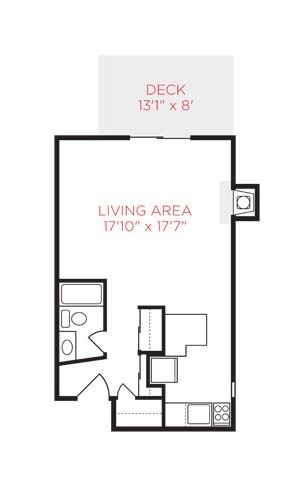 Floor Plan  A drawing of a house floor plan with a living area and a deck.