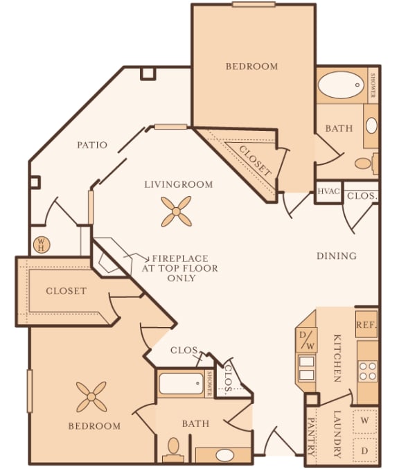 Mountain Shadows Apartments - B2  (Bahama) - 2 Bedroom and 2 bath - 2D floor plan