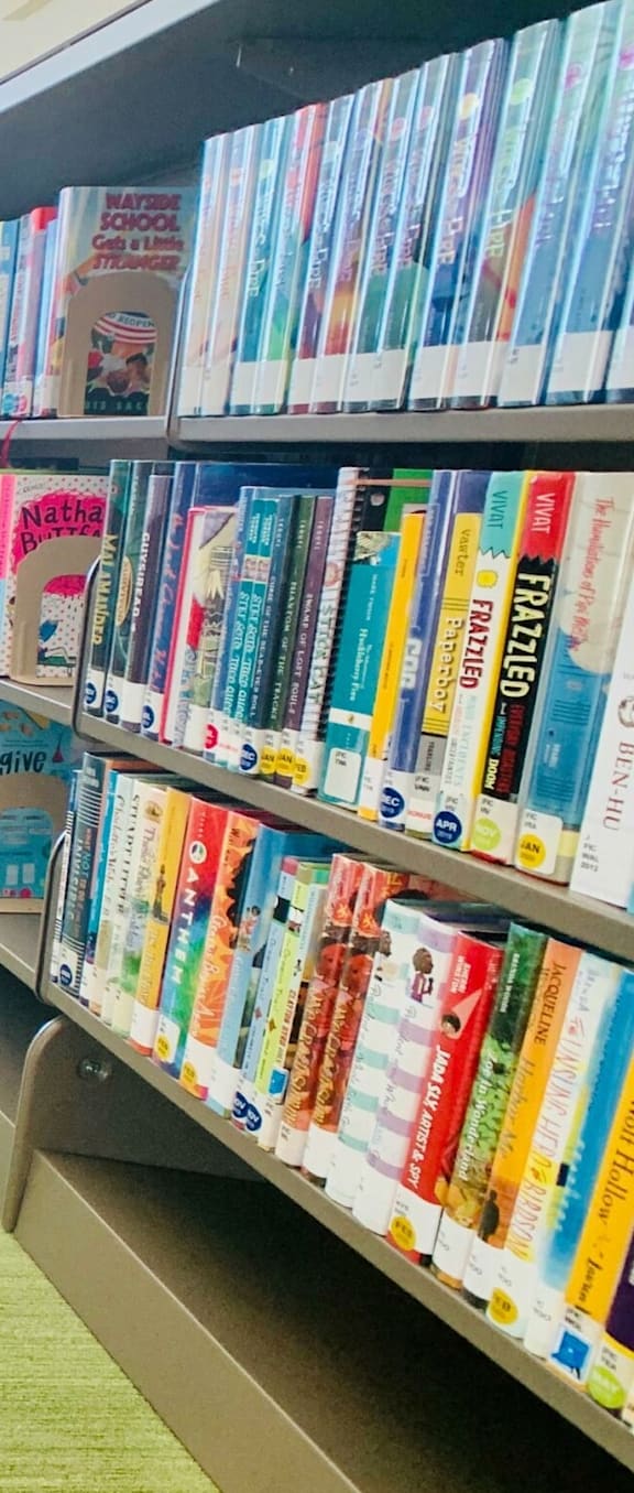 A library aisle with books on both sides and a green carpet.