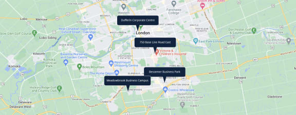 a map of the area with the locations of the five locations discussed in the text