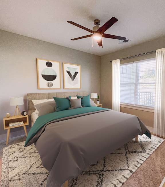 A bedroom with a bed, a ceiling fan, and a window with white curtains.
