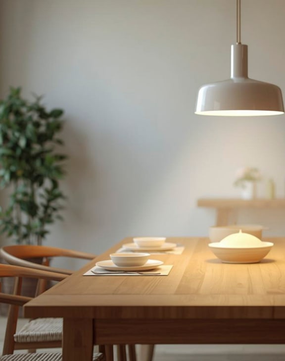 A dining table set with plates and bowls is ready for a meal.