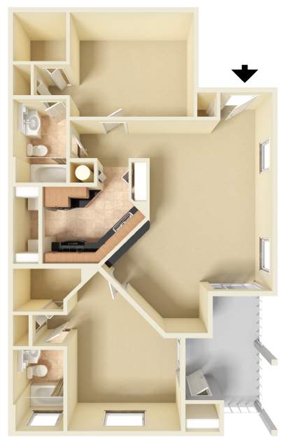 Unfurnished 3D floor plan of the Cape Florida two-bedroom, two-bathroom apartment at Providence at Palm Harbor, highlighting the open-concept design, bedrooms, bathrooms, kitchen, and storage.