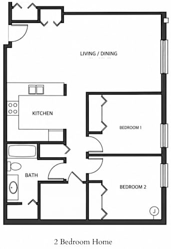 Floor Plan  A black and white drawing of a 2 bedroom home.