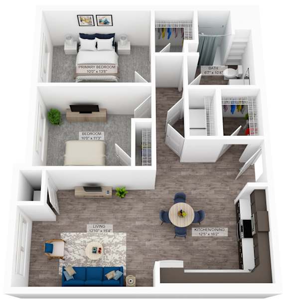 a stylized floor plan of a 1 bedroom192 sq ft