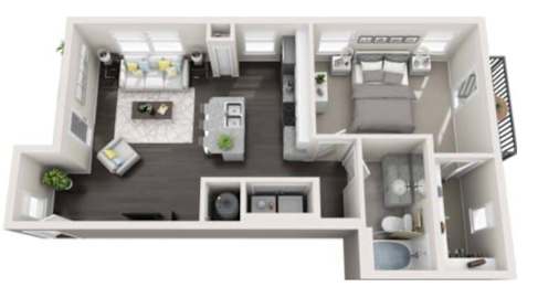 A floor plan for a 1 bedroom 1 bath apartment at Ardmore & Twenty Eighth.