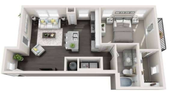 A floor plan for a 1 bedroom 1 bath apartment at Ardmore & Twenty Eighth.