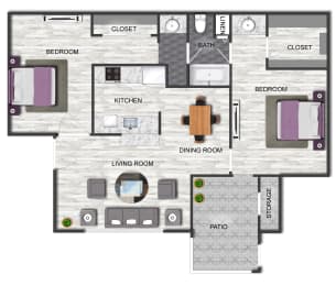 floor plan of a 2 bedroom unit with a bathroom
