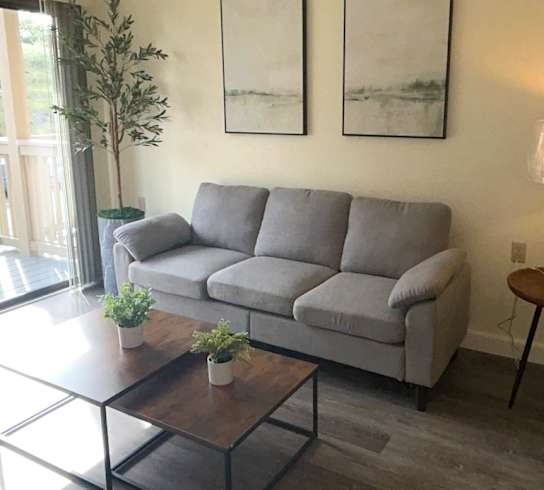 A living room with a grey couch, a coffee table, and two framed pictures on the wall.