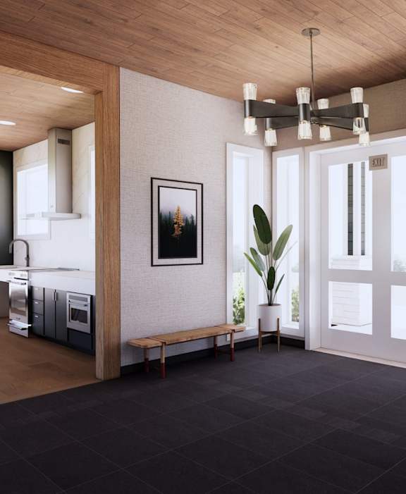 A modern dining room with a wooden panelled wall and a bench.