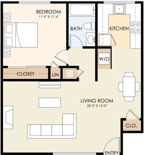 A floor plan of an apartment with a living room, kitchen, bedroom, bathroom, and two closets.