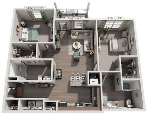 2 Bed 2 Bath Floor Plan | 1,248 Sq. Ft. at Westland Cove Apartments, Tennessee, 37922