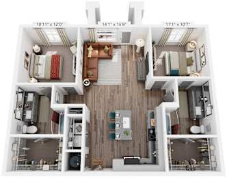 2 Bed 2 Bath Floor Plan | 1,102 Sq. Ft. at Livingston Flats Apartments, VA, 23832