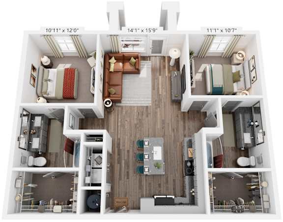 2 Bed 2 Bath Floor Plan | 1,102 Sq. Ft. at Livingston Flats Apartments, VA, 23832
