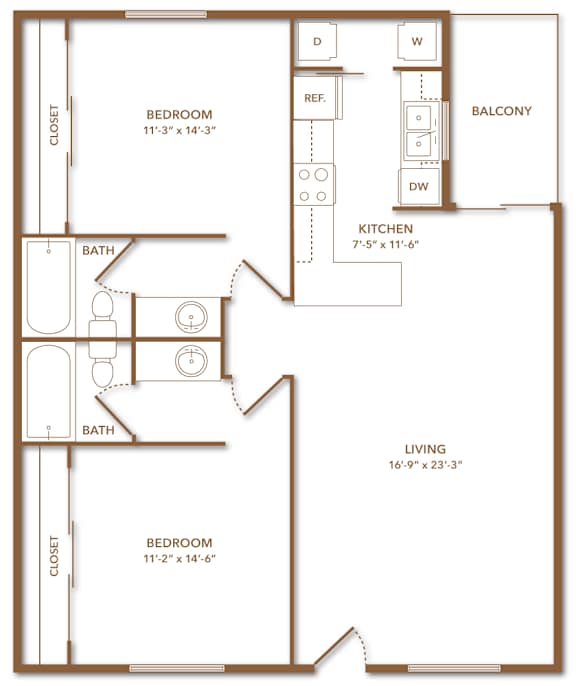 A floor plan of a 976 square foot home with two bedrooms, a living area, a kitchen, a bath, a balcony, and a reference room.