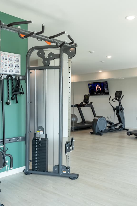 A gym with a variety of equipment including treadmills, stationary bikes, and weight machines.