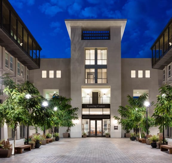 Front facing view of exterior of the Aventine building at Aventine, Hercules, California