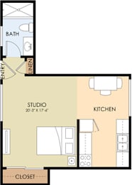 A floor plan of a studio apartment with a kitchen and closet.