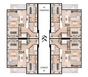 A diagram of a building layout with four floors, labeled 301, 302, 303, and 304, with a parking area on the top floor and a street view on the bottom