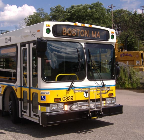 MBTA Bus. at Rockingham Glen Entrance to Leasing and Management Office.