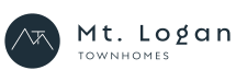 a logo with the words mt logan townhomes on a green background
