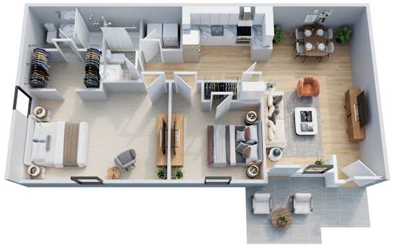 Floor Plan  A top-down view of a house interior with a kitchen, living room, and bedrooms.