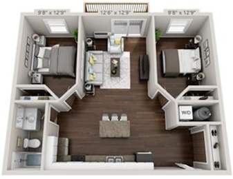 2 bedroom, 1 Bathroom Rendering