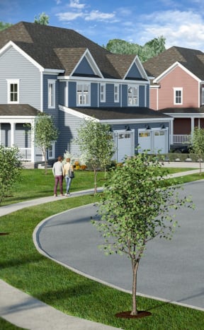 a rendering of a neighborhood with a car driving down a street