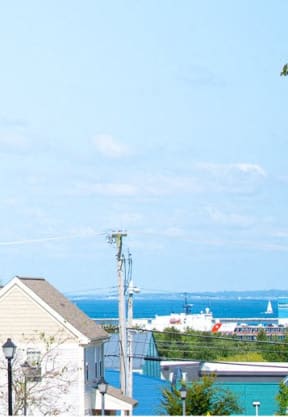 a row of houses with the ocean in the background