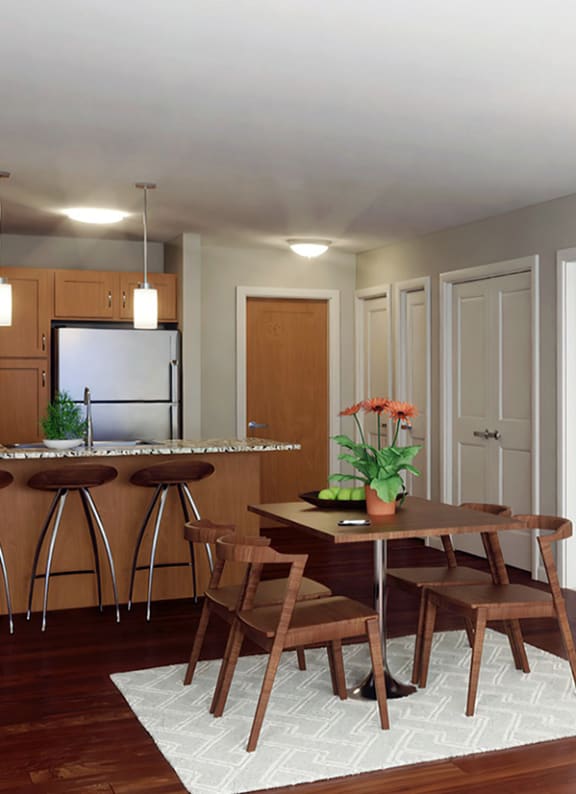 a rendering of a large apartment complex with people walking around