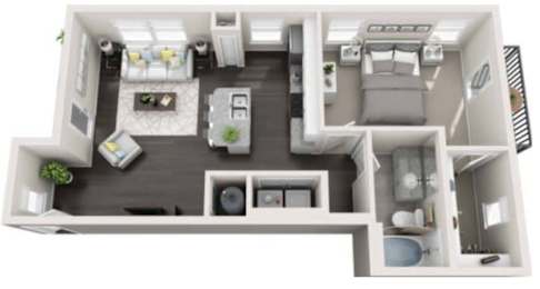A floor plan for a 1 bedroom 1 bath apartment at Ardmore & Twenty Eighth.