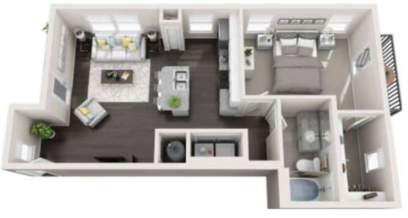 A floor plan for a 1 bedroom 1 bath apartment at Ardmore & Twenty Eighth.