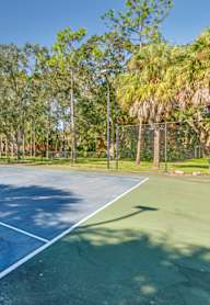 A tennis court surrounded by trees on a sunny day.