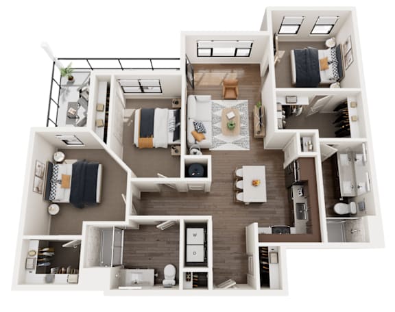 A 1260 sq. ft. apartment layout with a kitchen, living room, and two bedrooms.