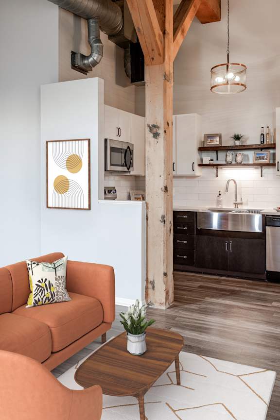 Kitchen with stainless steel appliances at FreightYard Townhomes and Flats, Minneapolis, MN, 55401