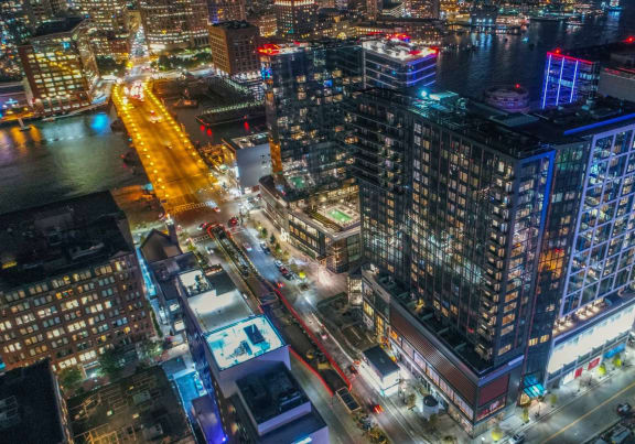 Exterior View at Night at Via Seaport Residences in Boston MA