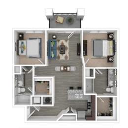 A floor plan of a house with a kitchen, living room, and two bedrooms.