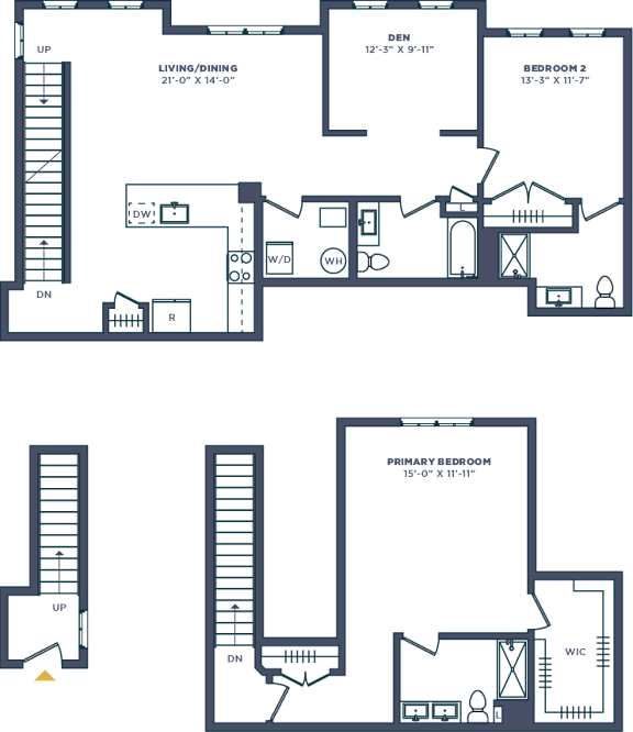 A floor plan of a house with a living room, dining room, kitchen, and two bedrooms.