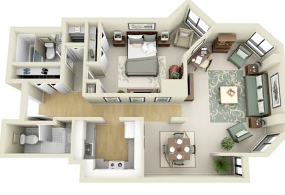 A 3D floor plan of a house with a kitchen, living room, and two bedrooms.