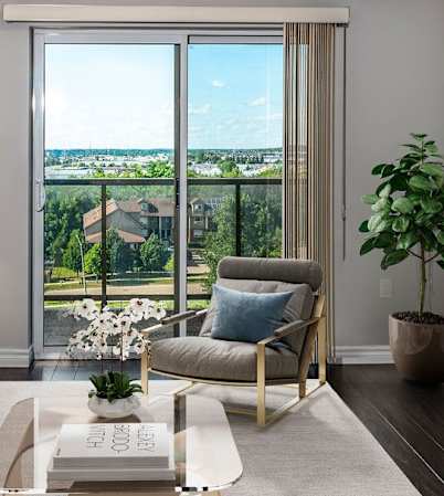 Furnished living room, looking out to the beautiful view beyond