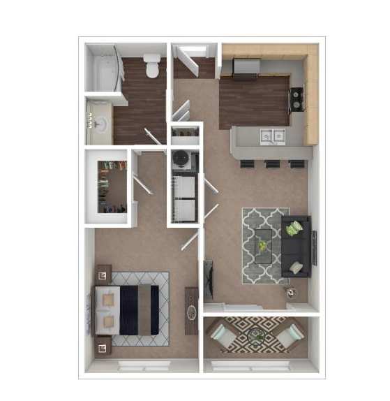 A floor plan of a small apartment with a kitchen, living room, and bathroom.