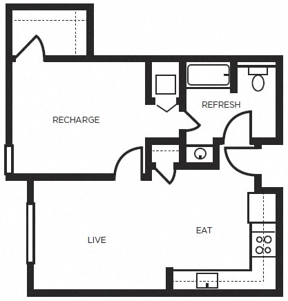 One bedroom floor plan l 777 Broadway Apartments in Oakland