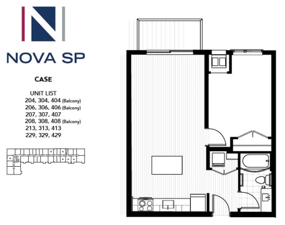 One Bed One Bath Case Floorplan at Nova SP Apartments, MN, 55130