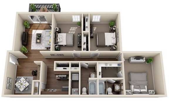 Floor Plan  3 bed 2 bath The Astoria Floor Plan at Ascot Place Apartments, Birmingham, AL