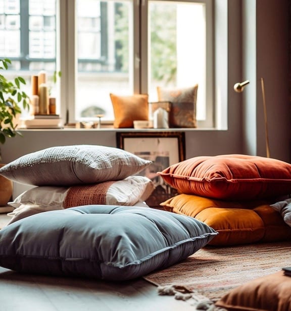 a pile of pillows on the floor in a living room