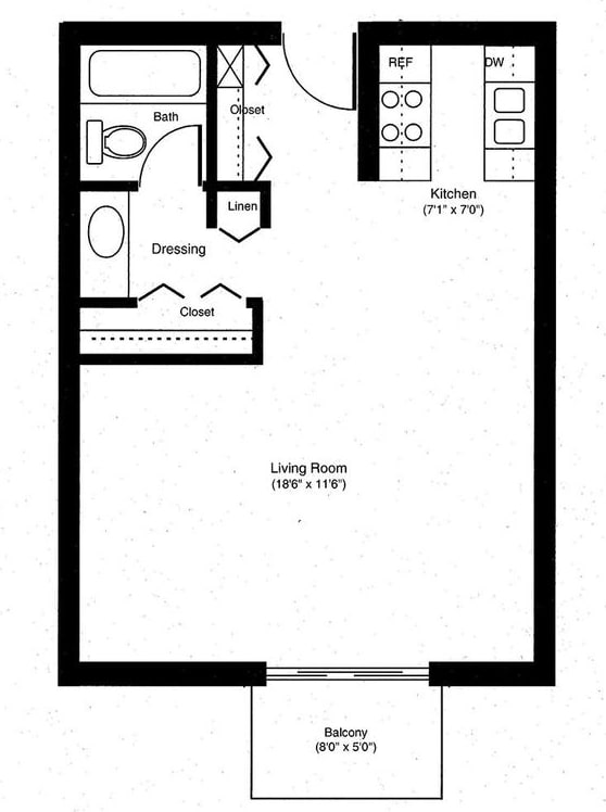 the floor plan for a studio unit with a loft