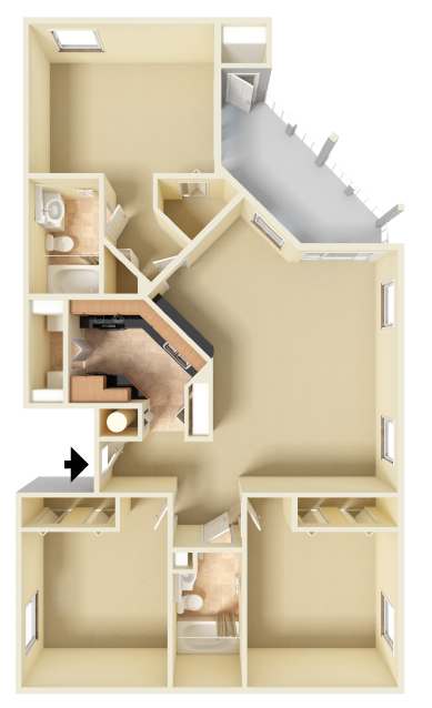 Unfurnished 3D floor plan of the Key West three-bedroom, two-bathroom apartment at Providence at Palm Harbor, showcasing the open layout, kitchen, bedrooms, bathrooms, and storage areas.