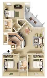 Furnished 3D floor plan of the Key West three-bedroom, two-bathroom apartment at Providence at Palm Harbor, staged to illustrate furniture placement throughout the living, dining, and bedroom spaces.