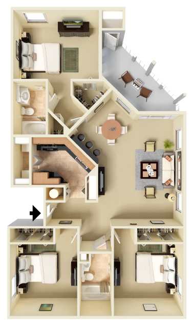 Furnished 3D floor plan of the Key West three-bedroom, two-bathroom apartment at Providence at Palm Harbor, staged to illustrate furniture placement throughout the living, dining, and bedroom spaces.